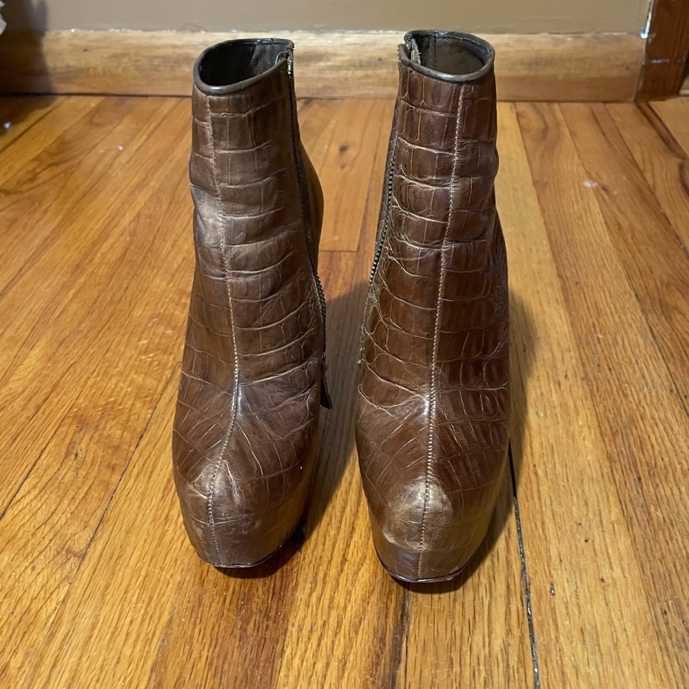 Brown leather faux crocodile ankle booties